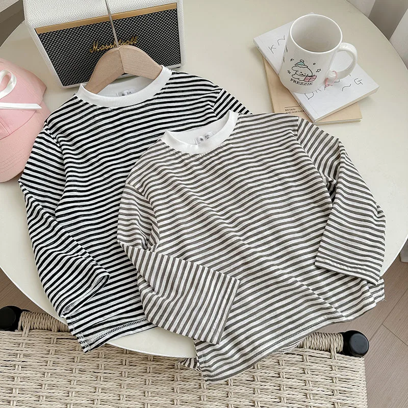 Summer Thin Children Girls Long Sleeves Cotton Round Collar Baby Girl T-shirts Loose Striped Toddler Kid Girl Undershirts