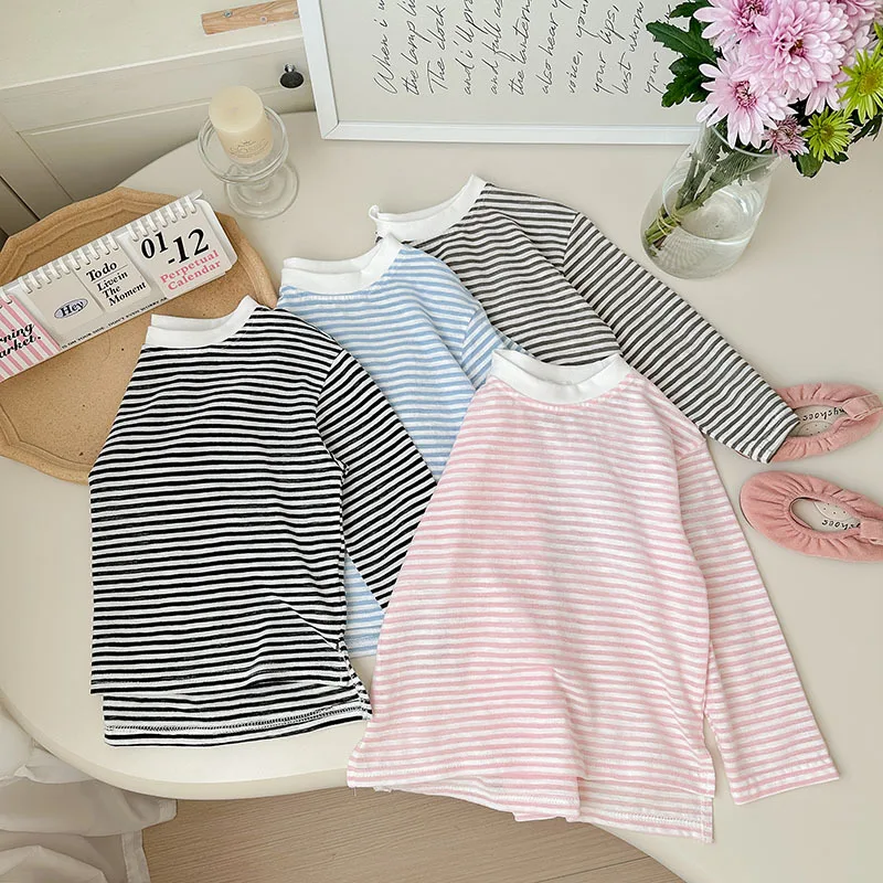 Summer Thin Children Girls Long Sleeves Cotton Round Collar Baby Girl T-shirts Loose Striped Toddler Kid Girl Undershirts