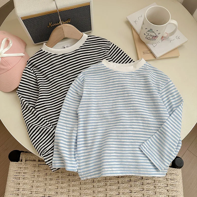 Summer Thin Children Girls Long Sleeves Cotton Round Collar Baby Girl T-shirts Loose Striped Toddler Kid Girl Undershirts