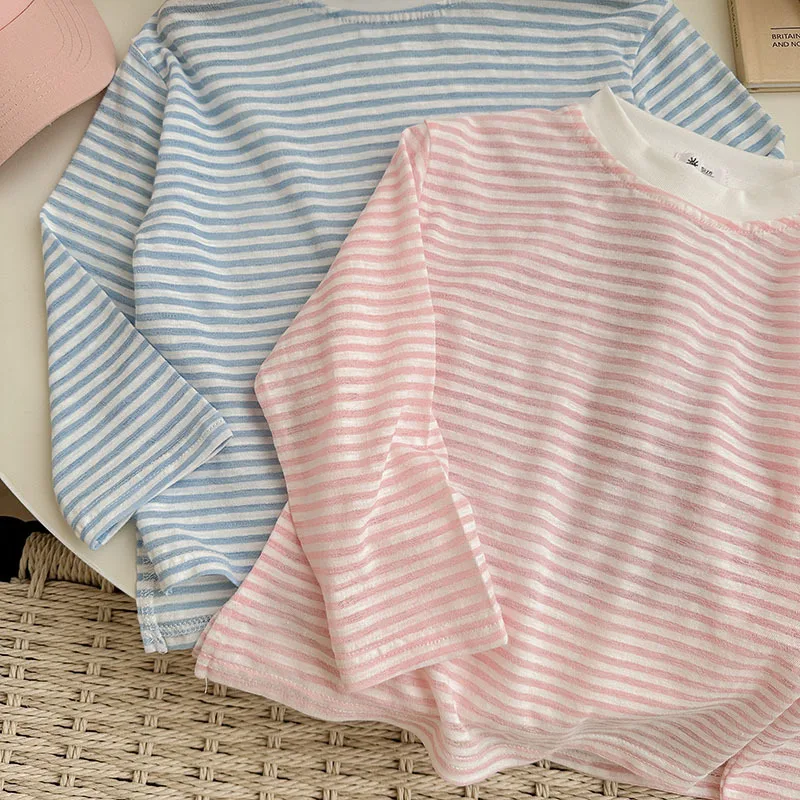 Summer Thin Children Girls Long Sleeves Cotton Round Collar Baby Girl T-shirts Loose Striped Toddler Kid Girl Undershirts