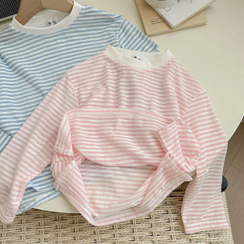 Summer Thin Children Girls Long Sleeves Cotton Round Collar Baby Girl T-shirts Loose Striped Toddler Kid Girl Undershirts
