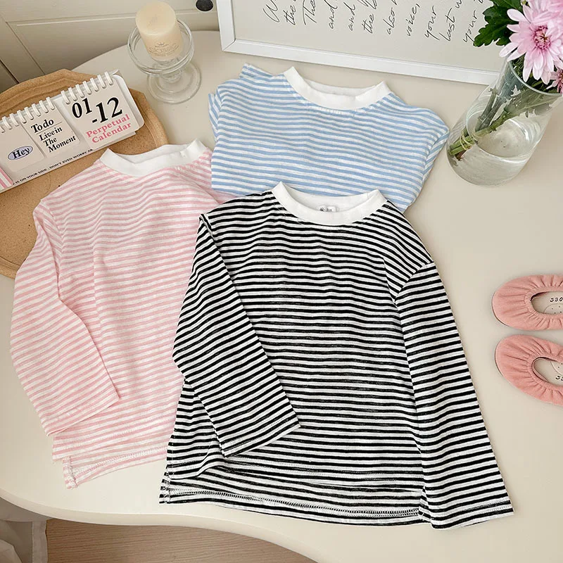 Summer Thin Children Girls Long Sleeves Cotton Round Collar Baby Girl T-shirts Loose Striped Toddler Kid Girl Undershirts