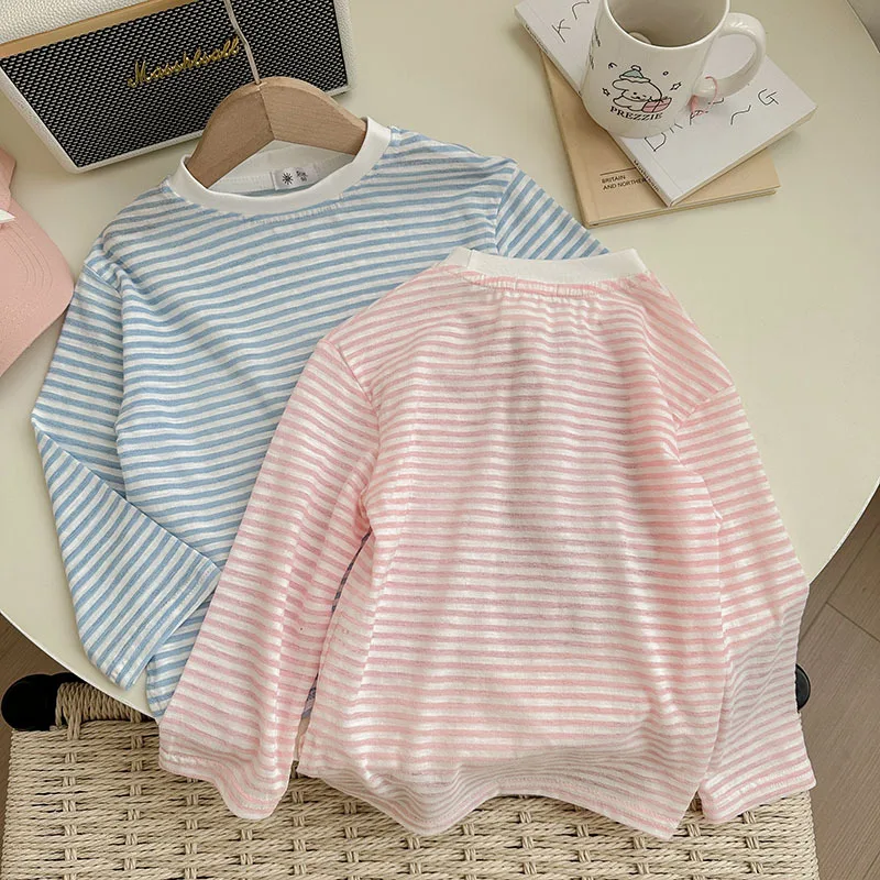 Summer Thin Children Girls Long Sleeves Cotton Round Collar Baby Girl T-shirts Loose Striped Toddler Kid Girl Undershirts