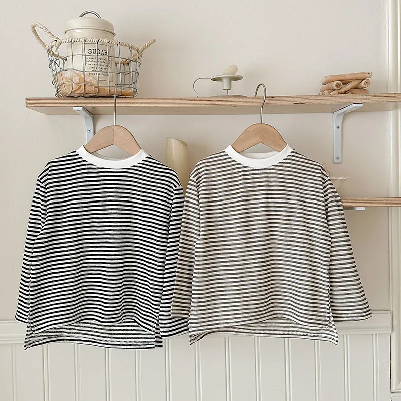 Summer Thin Children Girls Long Sleeves Cotton Round Collar Baby Girl T-shirts Loose Striped Toddler Kid Girl Undershirts