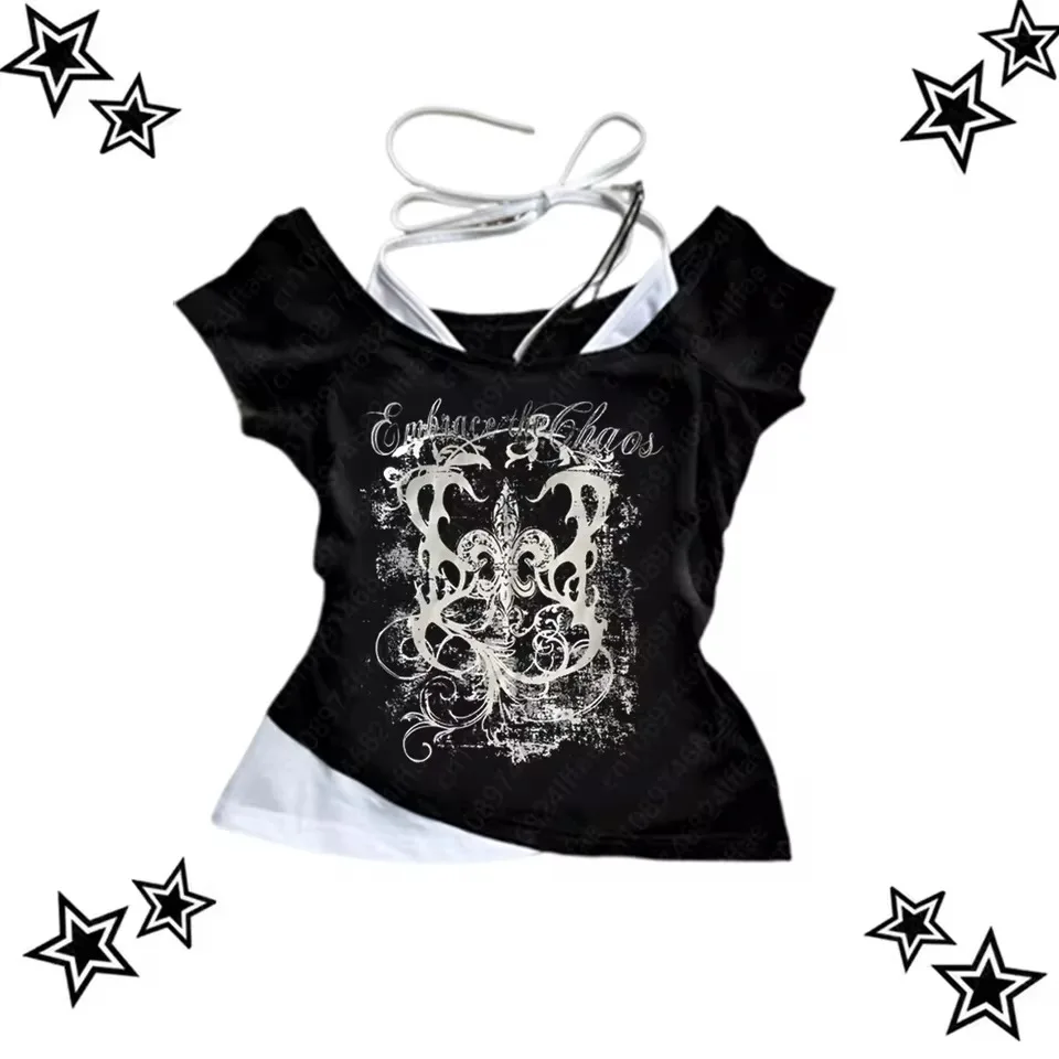 Women's 90s Vintage Punk T-Shirt Summer Streetwear Sexy Short Sleeve Gothic Slim Crop Top Hotgirl Casual Femme Tee Harajuku Y2k