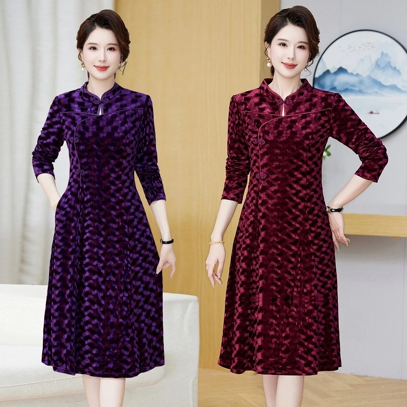 Gold Velvet Autumn Dress Long Sleeved Women's Clothing Soft Fabric 2024 New Fashion Plus Size Dress Outdoor Comfort