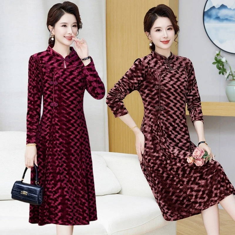 Gold Velvet Autumn Dress Long Sleeved Women's Clothing Soft Fabric 2024 New Fashion Plus Size Dress Outdoor Comfort