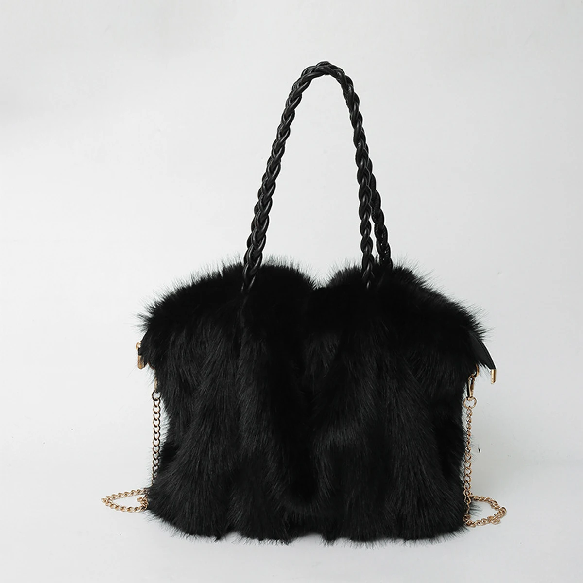 Women's Fashionable Plush Large Capacity Tote Bag High-end Pleated Fox Fur Shoulder Crossbody Bag Commuter Bag with Metal Chain