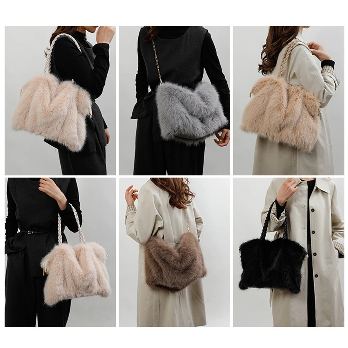 Women's Fashionable Plush Large Capacity Tote Bag High-end Pleated Fox Fur Shoulder Crossbody Bag Commuter Bag with Metal Chain