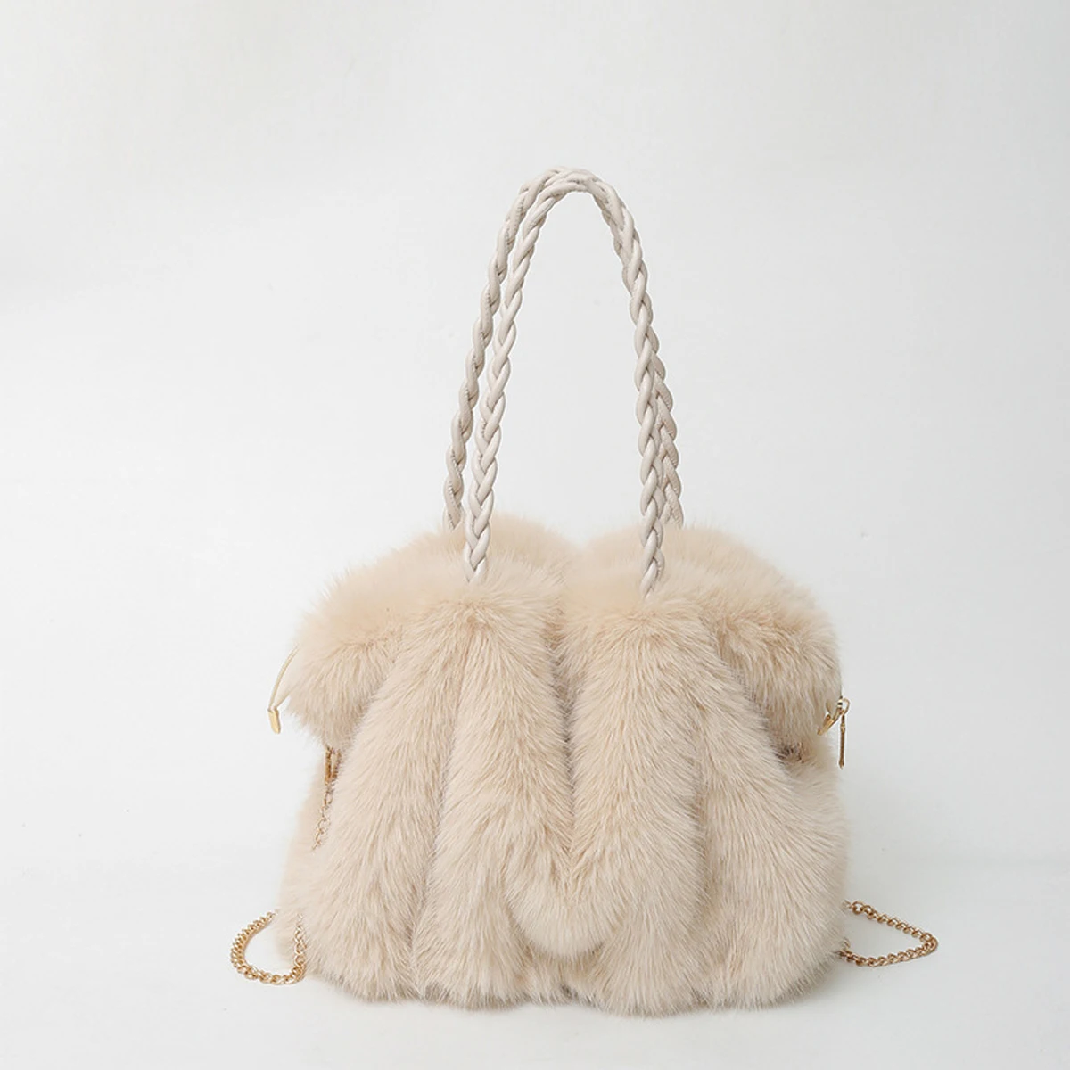 Women's Fashionable Plush Large Capacity Tote Bag High-end Pleated Fox Fur Shoulder Crossbody Bag Commuter Bag with Metal Chain