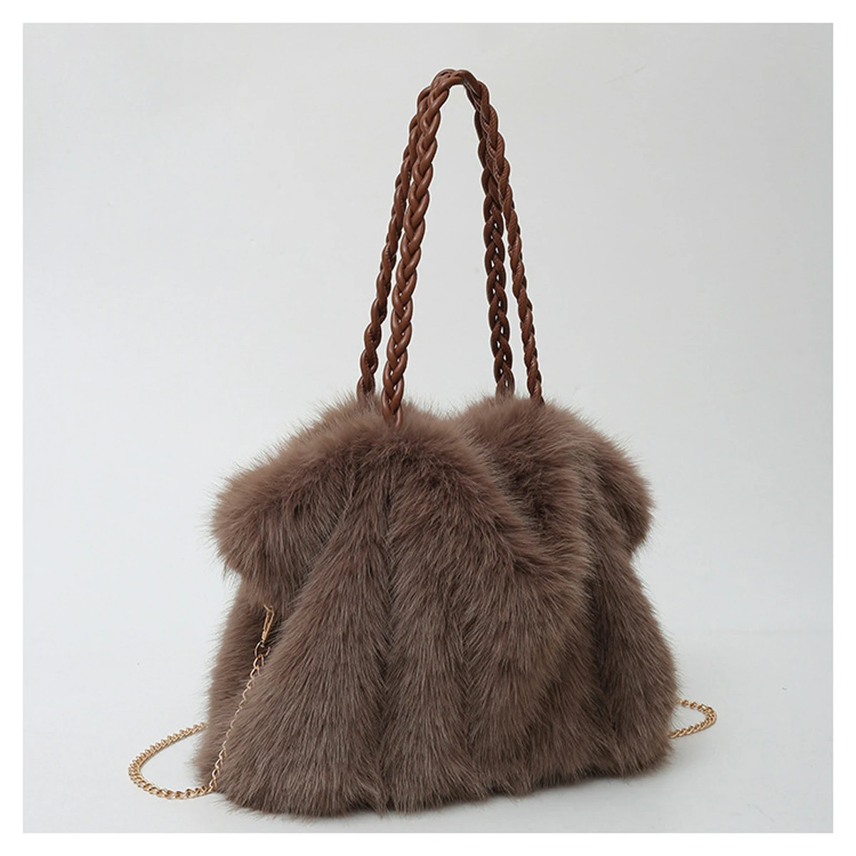 Women's Fashionable Plush Large Capacity Tote Bag High-end Pleated Fox Fur Shoulder Crossbody Bag Commuter Bag with Metal Chain