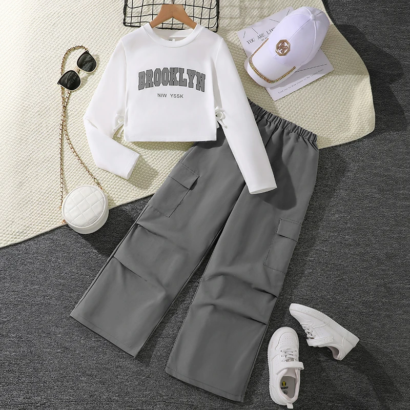 2024 New Spring Autumn Girls Matching Clothes 8-12 Years Solid Color Vacation Party Daily Casual Clothing Korean Style Outfits