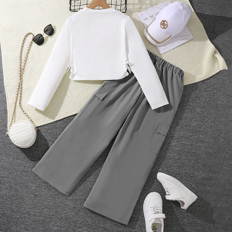 2024 New Spring Autumn Girls Matching Clothes 8-12 Years Solid Color Vacation Party Daily Casual Clothing Korean Style Outfits