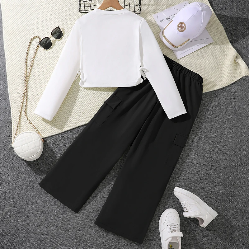 2024 New Spring Autumn Girls Matching Clothes 8-12 Years Solid Color Vacation Party Daily Casual Clothing Korean Style Outfits