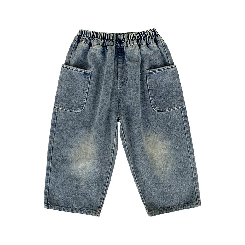 2026 Spring Autumn Kid Boys Denim Pants Side Pocket Polished White Children Boys Pants Elastic Waist Casual Baby Boys Trousers
