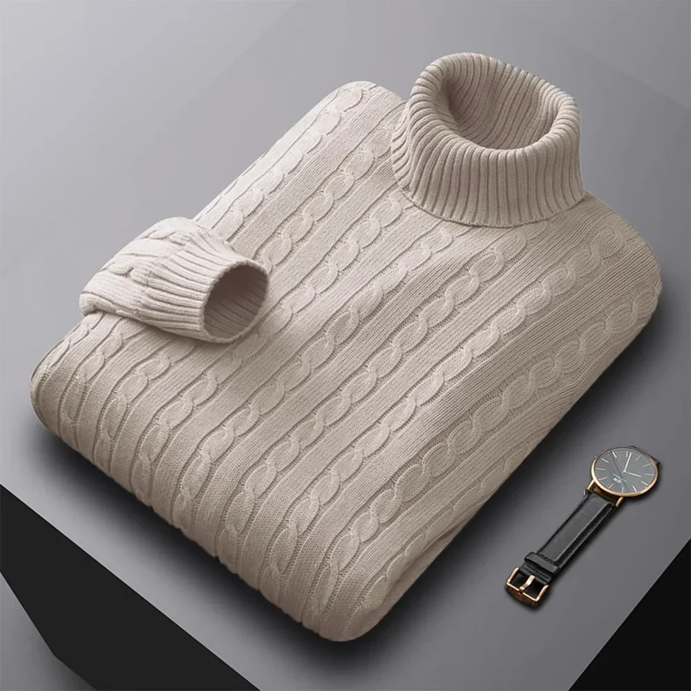 Autumn New Men's Turtleneck Jacquard Sweater Solid Color Knitted Pullover Casual Warmth High Elastic Versatile Male Sweatwear