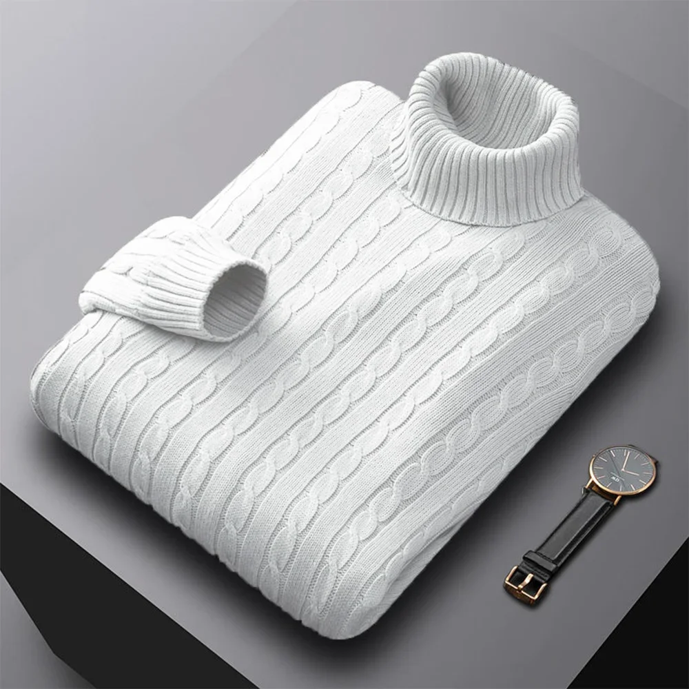 Autumn New Men's Turtleneck Jacquard Sweater Solid Color Knitted Pullover Casual Warmth High Elastic Versatile Male Sweatwear