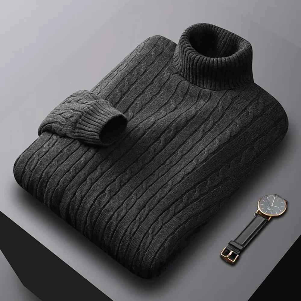 Autumn New Men's Turtleneck Jacquard Sweater Solid Color Knitted Pullover Casual Warmth High Elastic Versatile Male Sweatwear