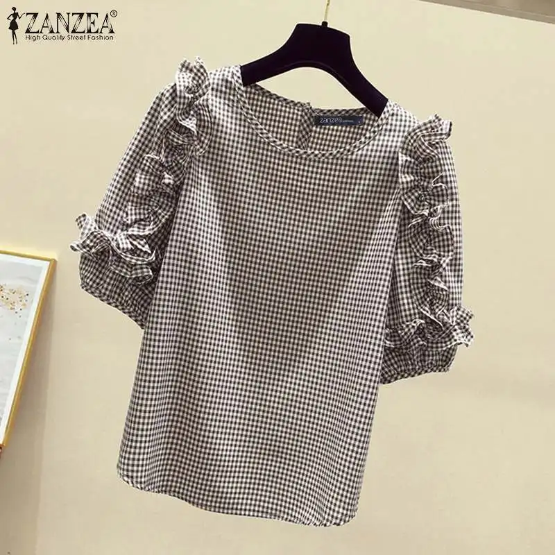 ZANZEA 2024 Casual Loose Blusas Autumn Women Blouse Vintage Ruffle Lantern 3/4 Sleeve Tops Round Neck Contrasting Checked Tunics