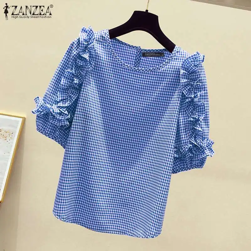 ZANZEA 2024 Casual Loose Blusas Autumn Women Blouse Vintage Ruffle Lantern 3/4 Sleeve Tops Round Neck Contrasting Checked Tunics