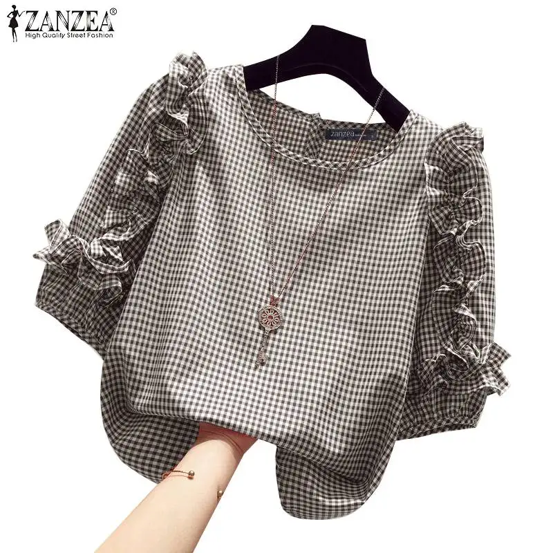 ZANZEA 2024 Casual Loose Blusas Autumn Women Blouse Vintage Ruffle Lantern 3/4 Sleeve Tops Round Neck Contrasting Checked Tunics