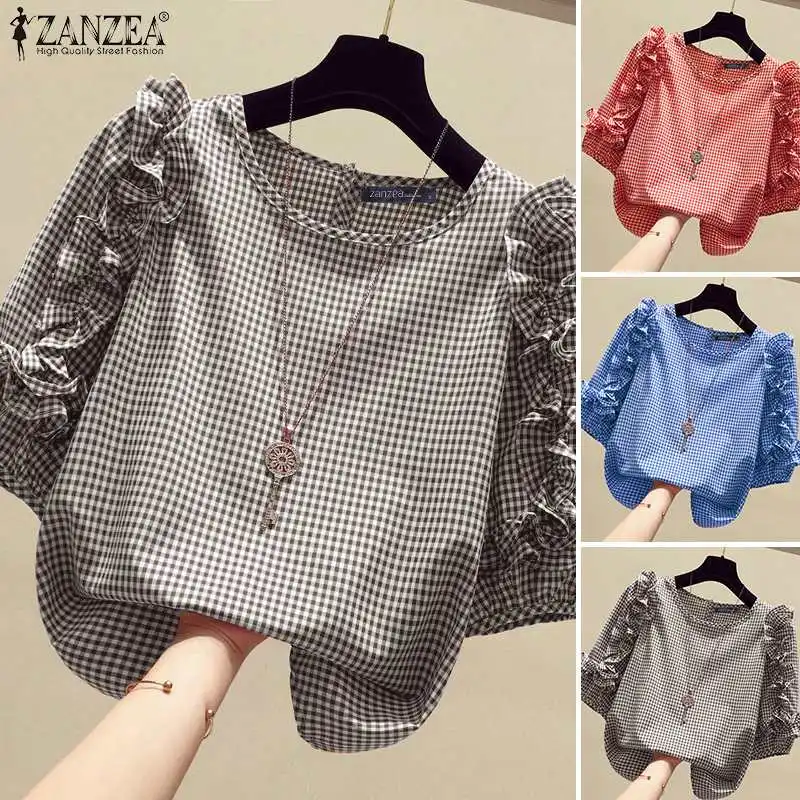 ZANZEA 2024 Casual Loose Blusas Autumn Women Blouse Vintage Ruffle Lantern 3/4 Sleeve Tops Round Neck Contrasting Checked Tunics