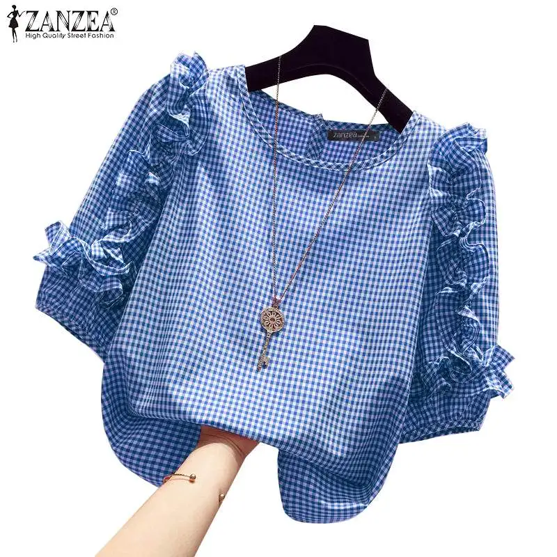 ZANZEA 2024 Casual Loose Blusas Autumn Women Blouse Vintage Ruffle Lantern 3/4 Sleeve Tops Round Neck Contrasting Checked Tunics