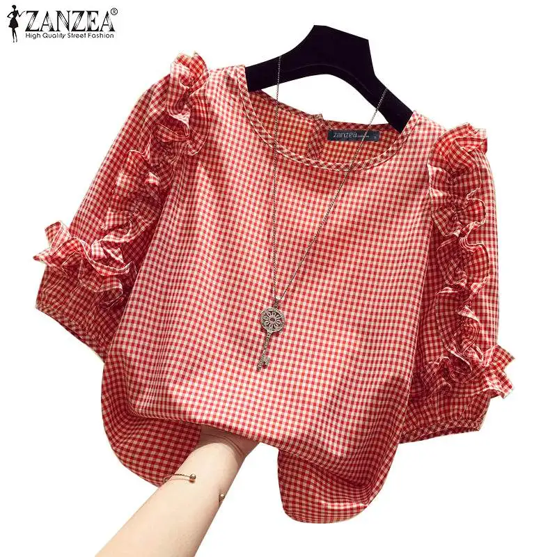 ZANZEA 2024 Casual Loose Blusas Autumn Women Blouse Vintage Ruffle Lantern 3/4 Sleeve Tops Round Neck Contrasting Checked Tunics