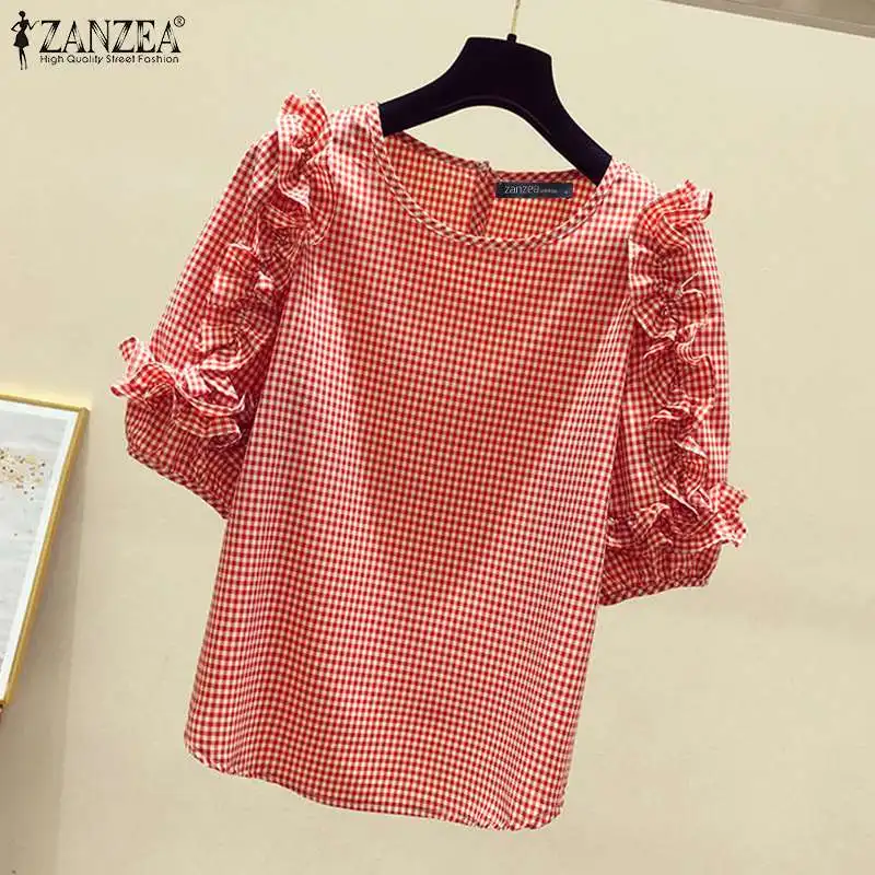 ZANZEA 2024 Casual Loose Blusas Autumn Women Blouse Vintage Ruffle Lantern 3/4 Sleeve Tops Round Neck Contrasting Checked Tunics