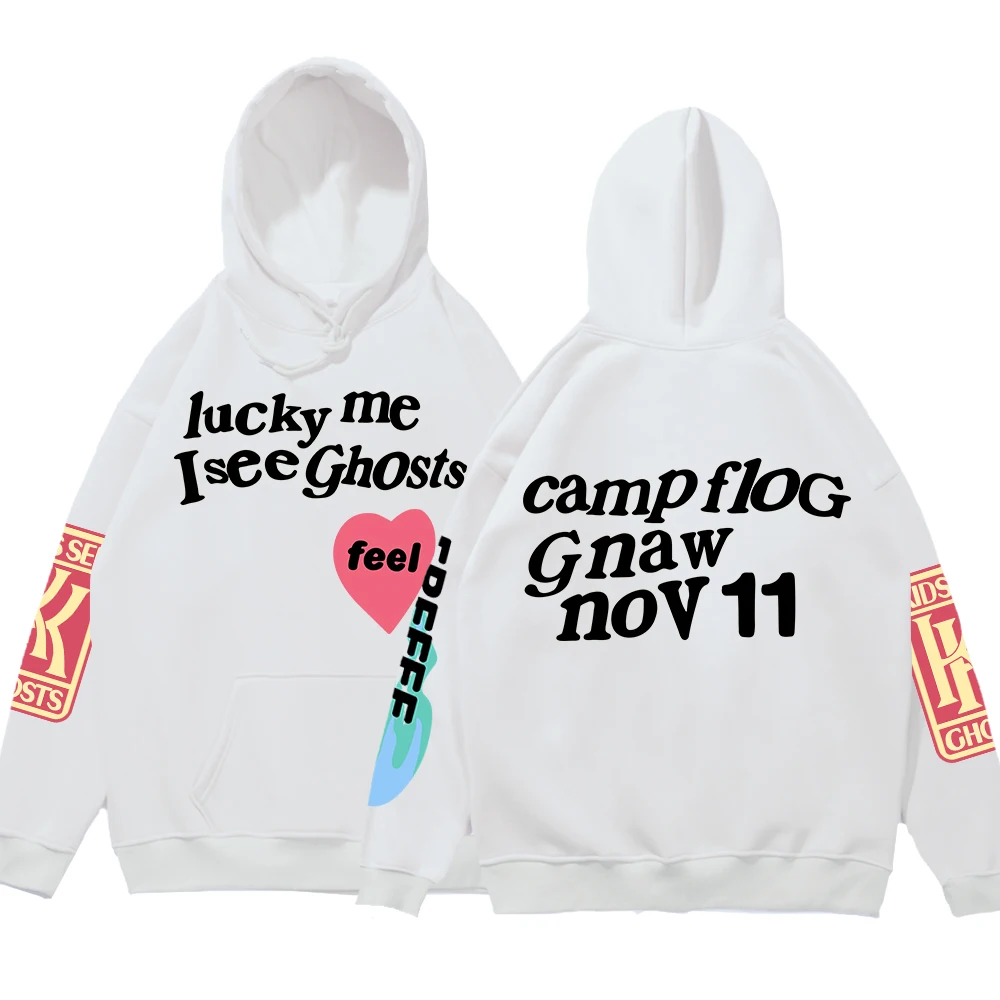 Graffiti Letter Printed Loose Hooded Kanye Sweatshirts Men Oversized Fleece Luck Me I See Ghosts Hoodie Unisex Pullover Hoody