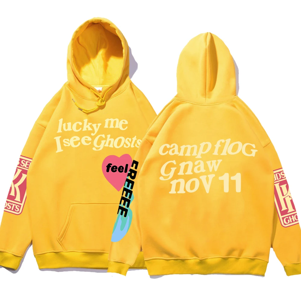 Graffiti Letter Printed Loose Hooded Kanye Sweatshirts Men Oversized Fleece Luck Me I See Ghosts Hoodie Unisex Pullover Hoody