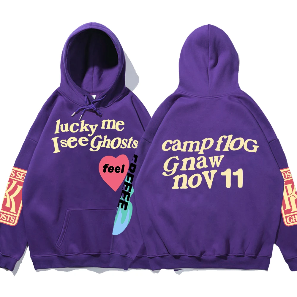 Graffiti Letter Printed Loose Hooded Kanye Sweatshirts Men Oversized Fleece Luck Me I See Ghosts Hoodie Unisex Pullover Hoody