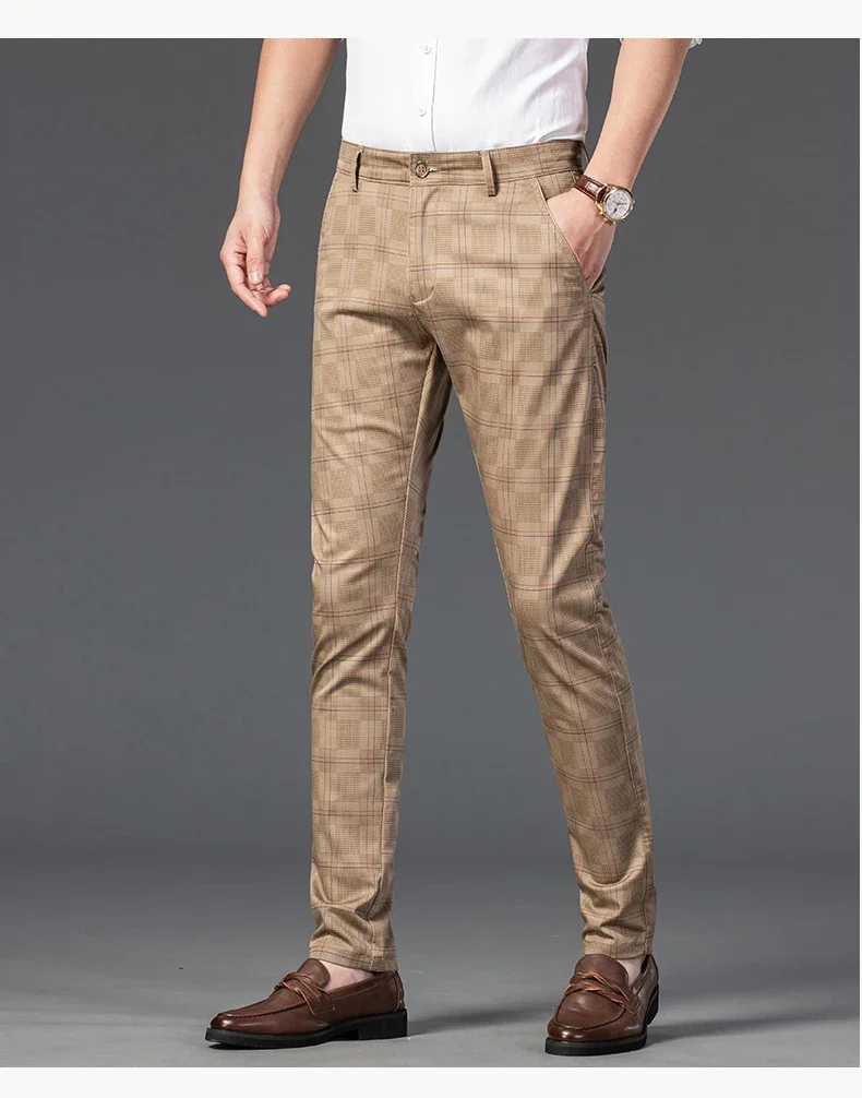 2024 New Men's Casual Plaid Pants Business Casual Slim Fit Black Blue Red Khaki Classic Style Trousers Male Brand Luxury Clothes