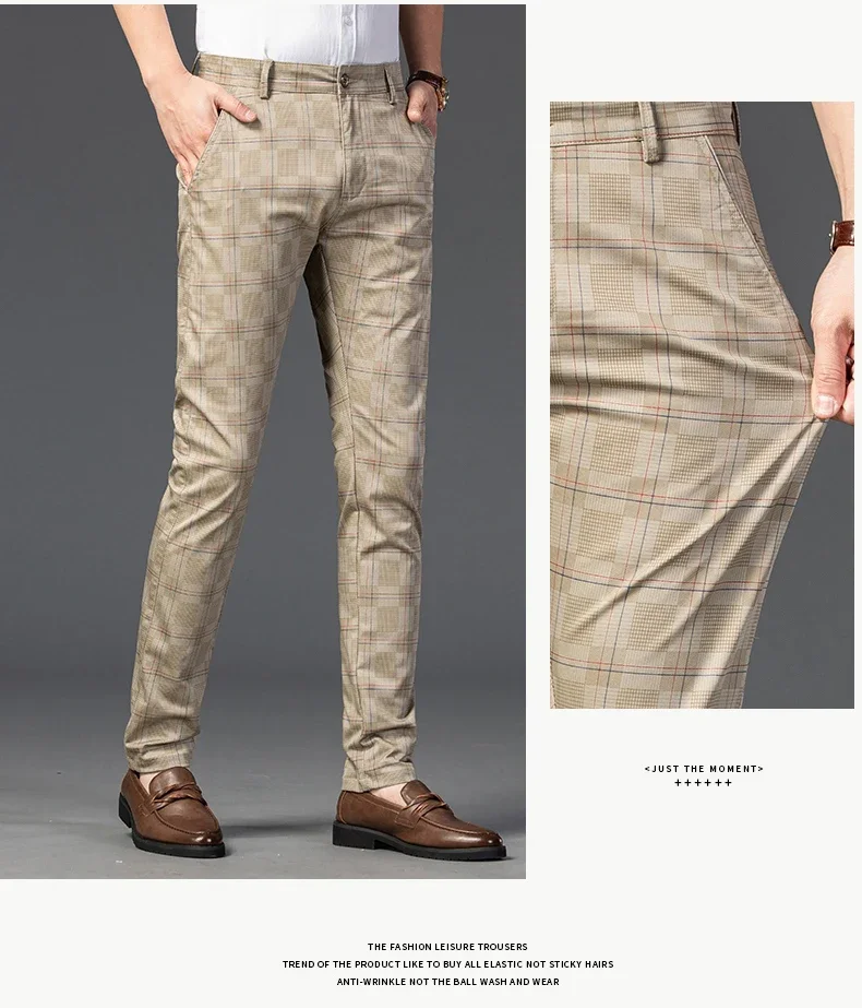 2024 New Men's Casual Plaid Pants Business Casual Slim Fit Black Blue Red Khaki Classic Style Trousers Male Brand Luxury Clothes