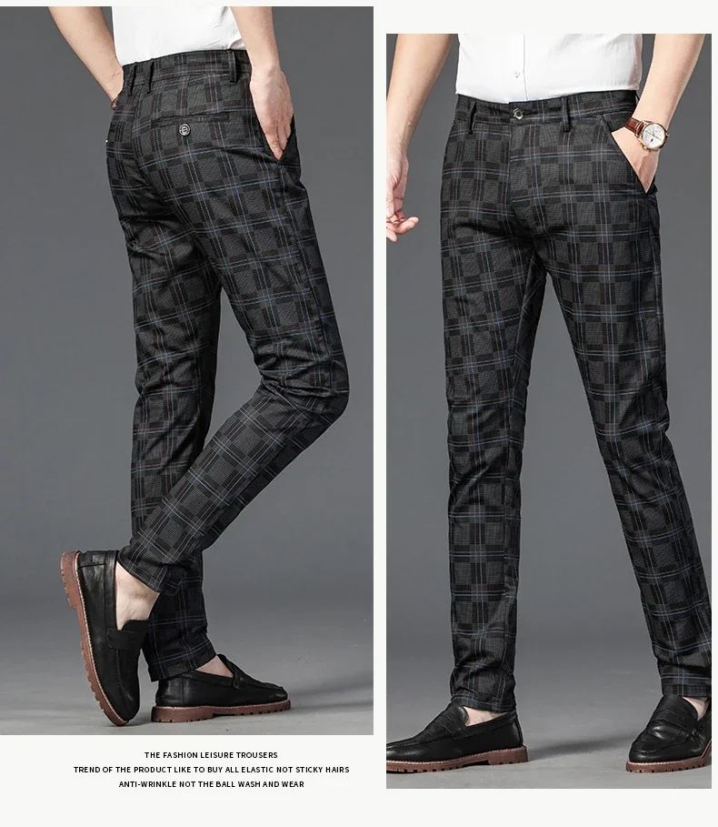 2024 New Men's Casual Plaid Pants Business Casual Slim Fit Black Blue Red Khaki Classic Style Trousers Male Brand Luxury Clothes