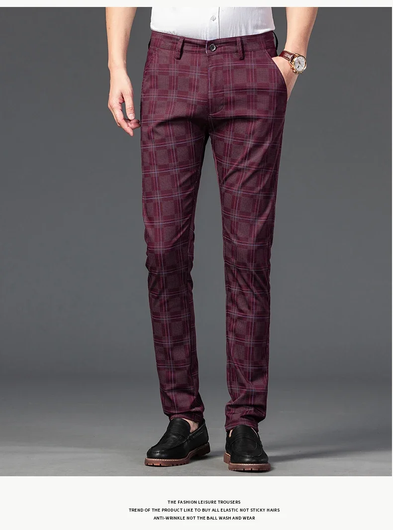 2024 New Men's Casual Plaid Pants Business Casual Slim Fit Black Blue Red Khaki Classic Style Trousers Male Brand Luxury Clothes