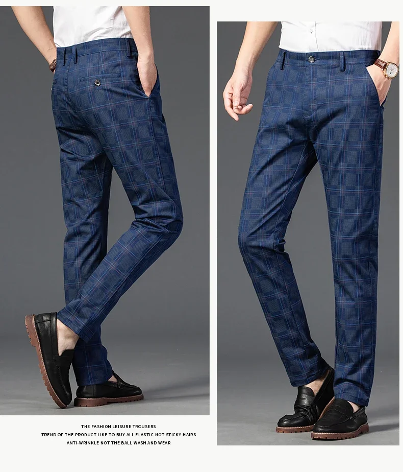 2024 New Men's Casual Plaid Pants Business Casual Slim Fit Black Blue Red Khaki Classic Style Trousers Male Brand Luxury Clothes