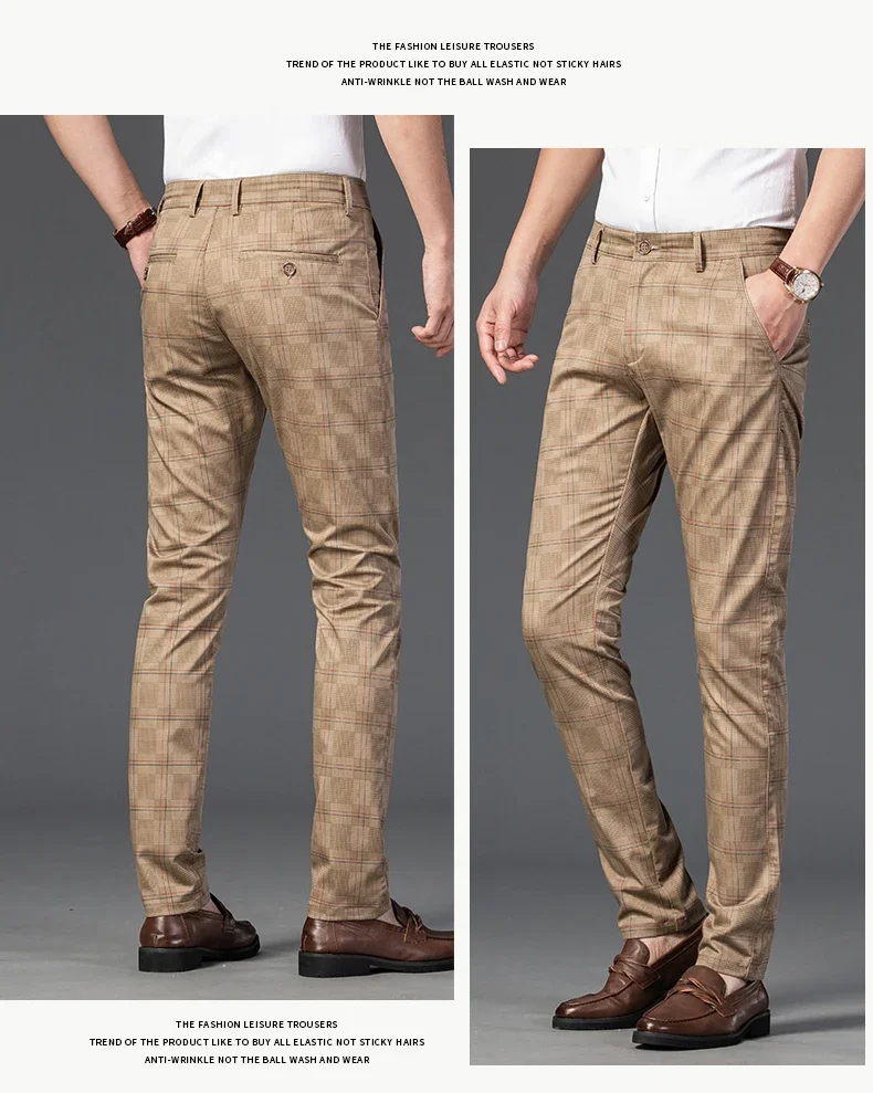 2024 New Men's Casual Plaid Pants Business Casual Slim Fit Black Blue Red Khaki Classic Style Trousers Male Brand Luxury Clothes