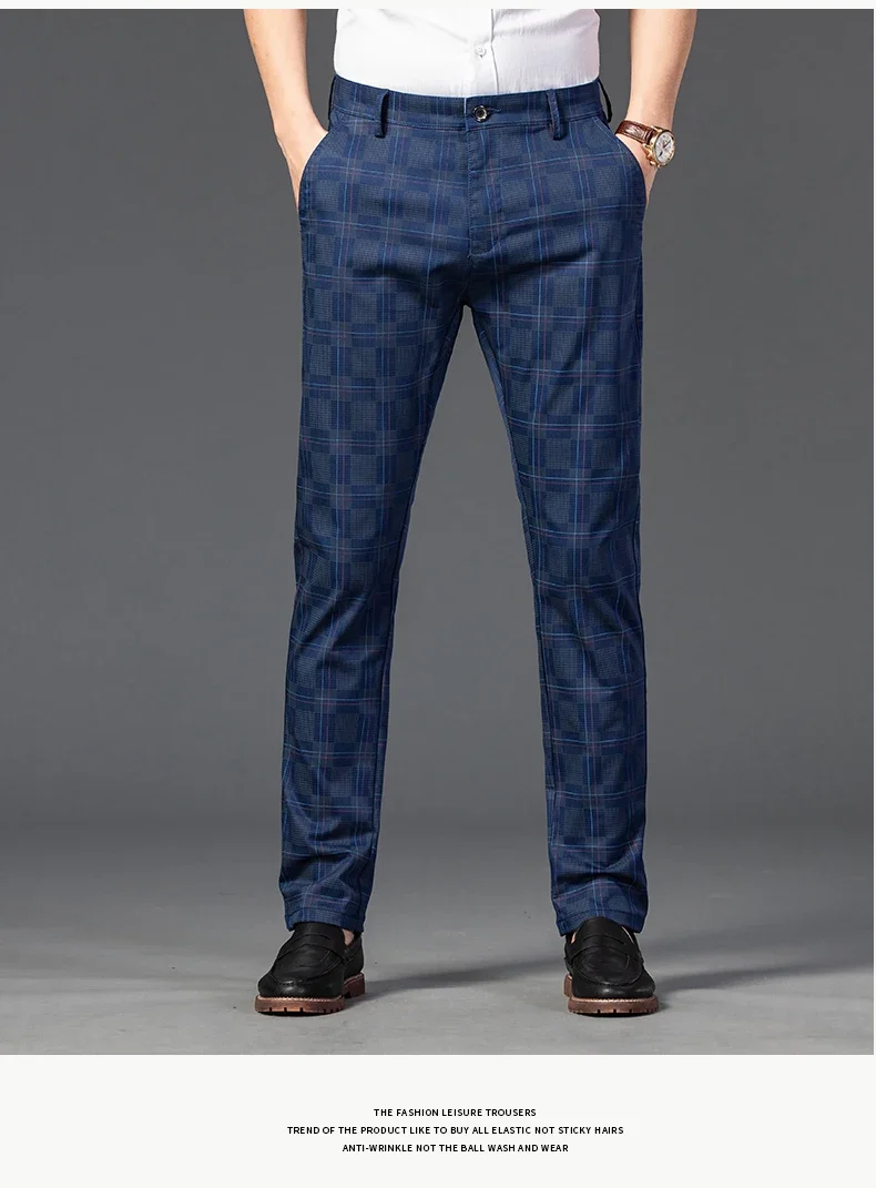 2024 New Men's Casual Plaid Pants Business Casual Slim Fit Black Blue Red Khaki Classic Style Trousers Male Brand Luxury Clothes