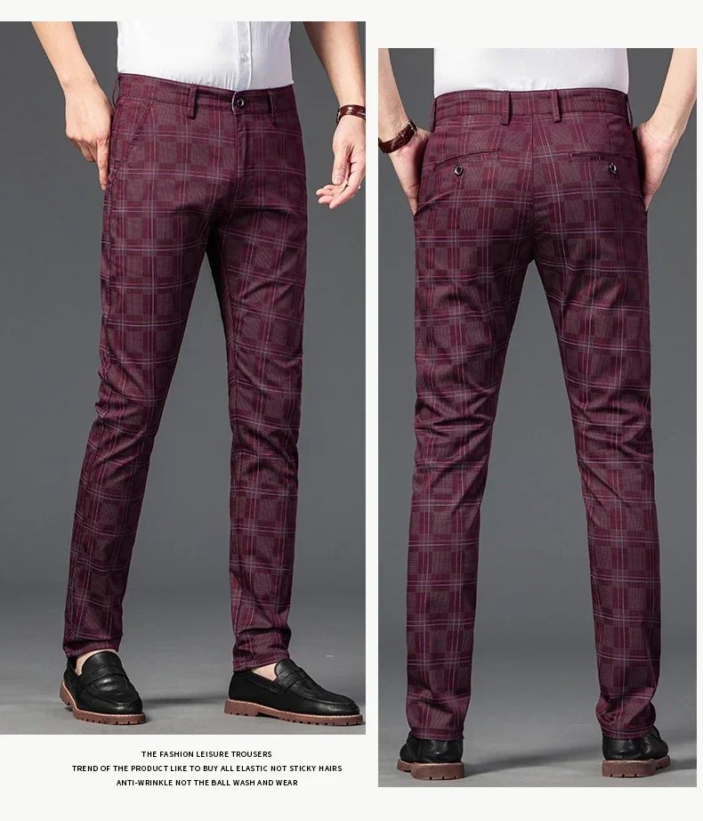 2024 New Men's Casual Plaid Pants Business Casual Slim Fit Black Blue Red Khaki Classic Style Trousers Male Brand Luxury Clothes