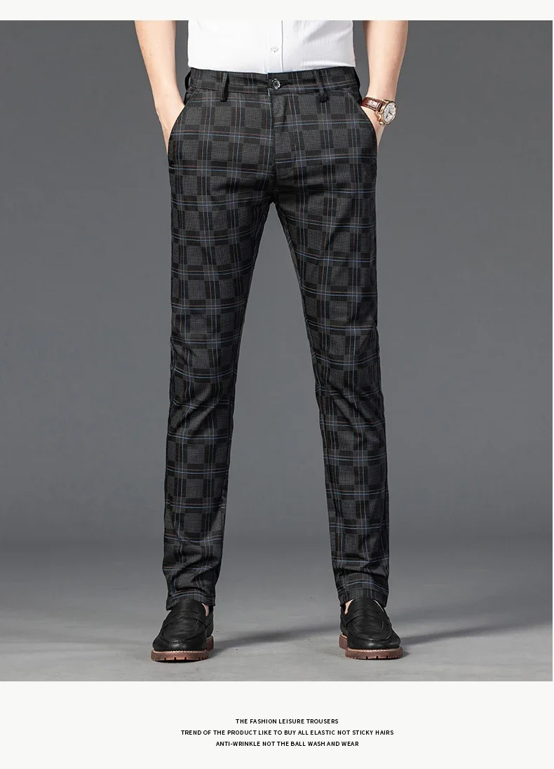 2024 New Men's Casual Plaid Pants Business Casual Slim Fit Black Blue Red Khaki Classic Style Trousers Male Brand Luxury Clothes