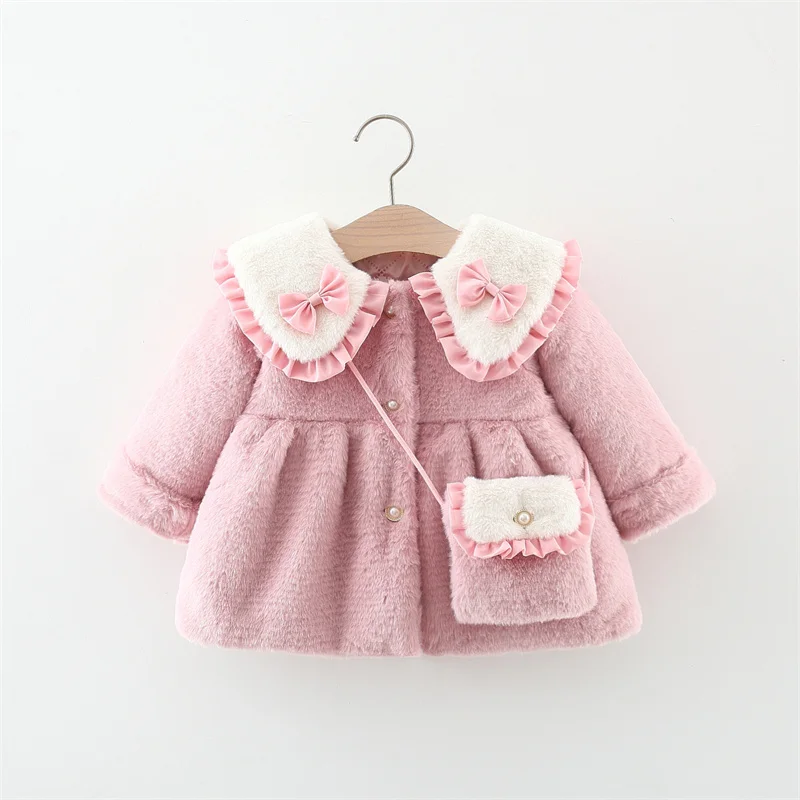 2Pcs/set Adorable Winter Children Furry Clothes Sweet Bow Soft Warm Coat 0-3 Years Old Kid Overcoat + Bag Children New Year Wear