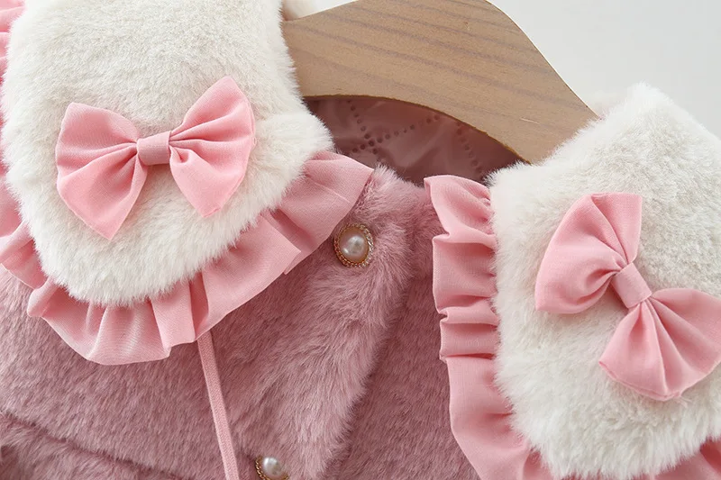 2Pcs/set Adorable Winter Children Furry Clothes Sweet Bow Soft Warm Coat 0-3 Years Old Kid Overcoat + Bag Children New Year Wear