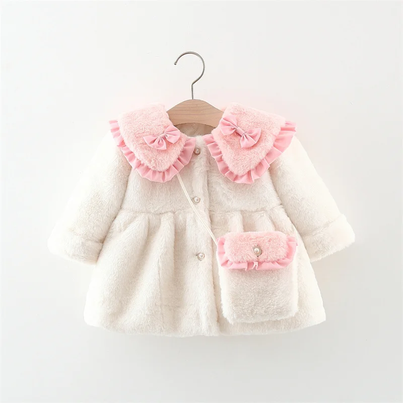 2Pcs/set Adorable Winter Children Furry Clothes Sweet Bow Soft Warm Coat 0-3 Years Old Kid Overcoat + Bag Children New Year Wear