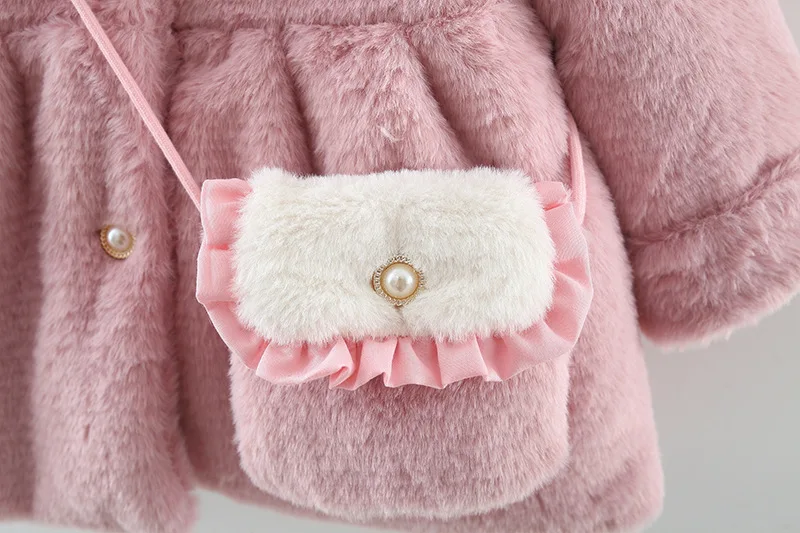 2Pcs/set Adorable Winter Children Furry Clothes Sweet Bow Soft Warm Coat 0-3 Years Old Kid Overcoat + Bag Children New Year Wear