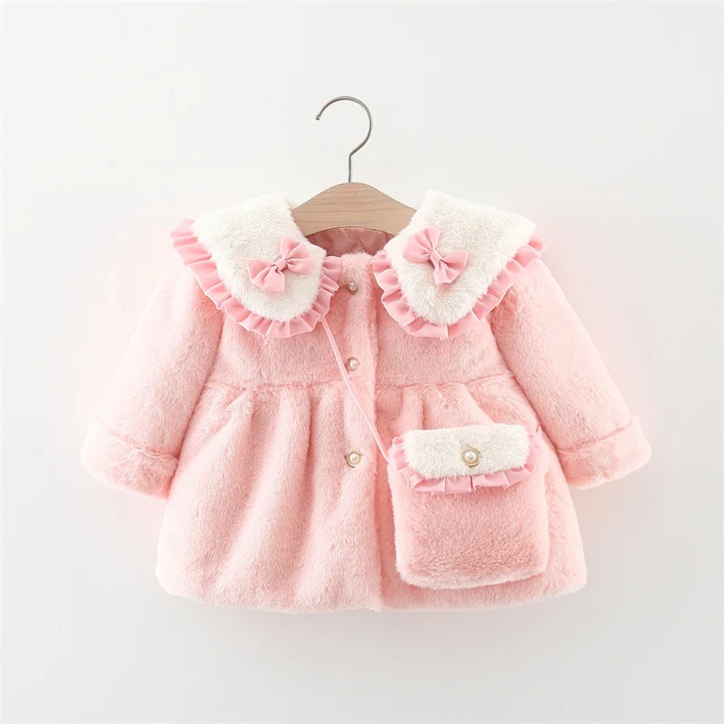 2Pcs/set Adorable Winter Children Furry Clothes Sweet Bow Soft Warm Coat 0-3 Years Old Kid Overcoat + Bag Children New Year Wear