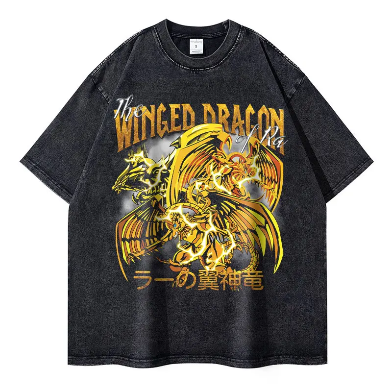 Anime Yu Gi Oh T Shirts Vintage Washed Dark Magician Girl T-shirt Retro Streetwear Manga Black Magician Short Sleeve Tops Tees