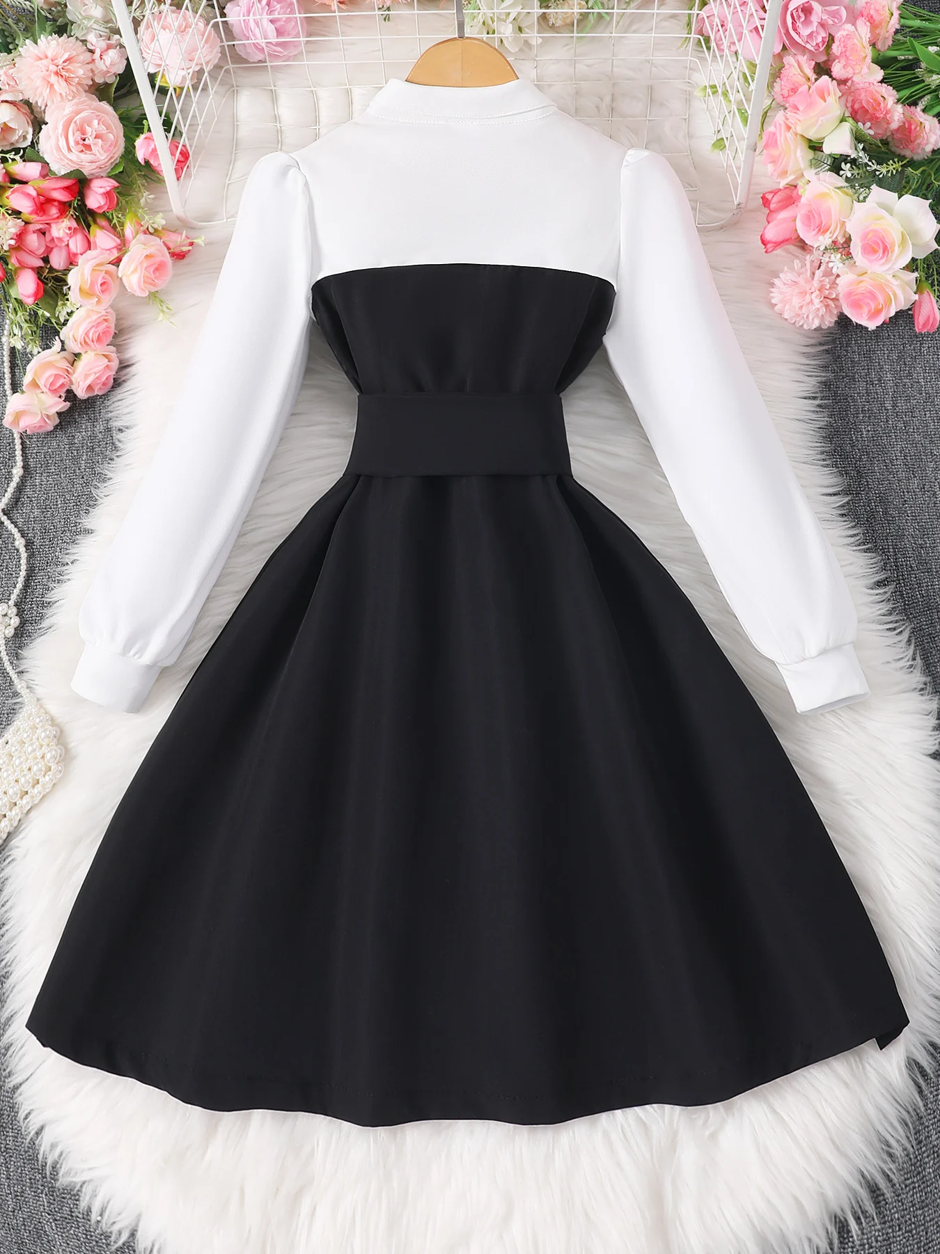 Girls Autumn Long-Sleeved Lapel Button Fashion Stitching Contrast Color Dress