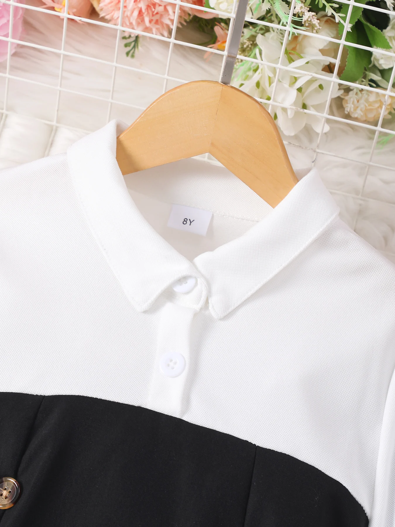 Girls Autumn Long-Sleeved Lapel Button Fashion Stitching Contrast Color Dress