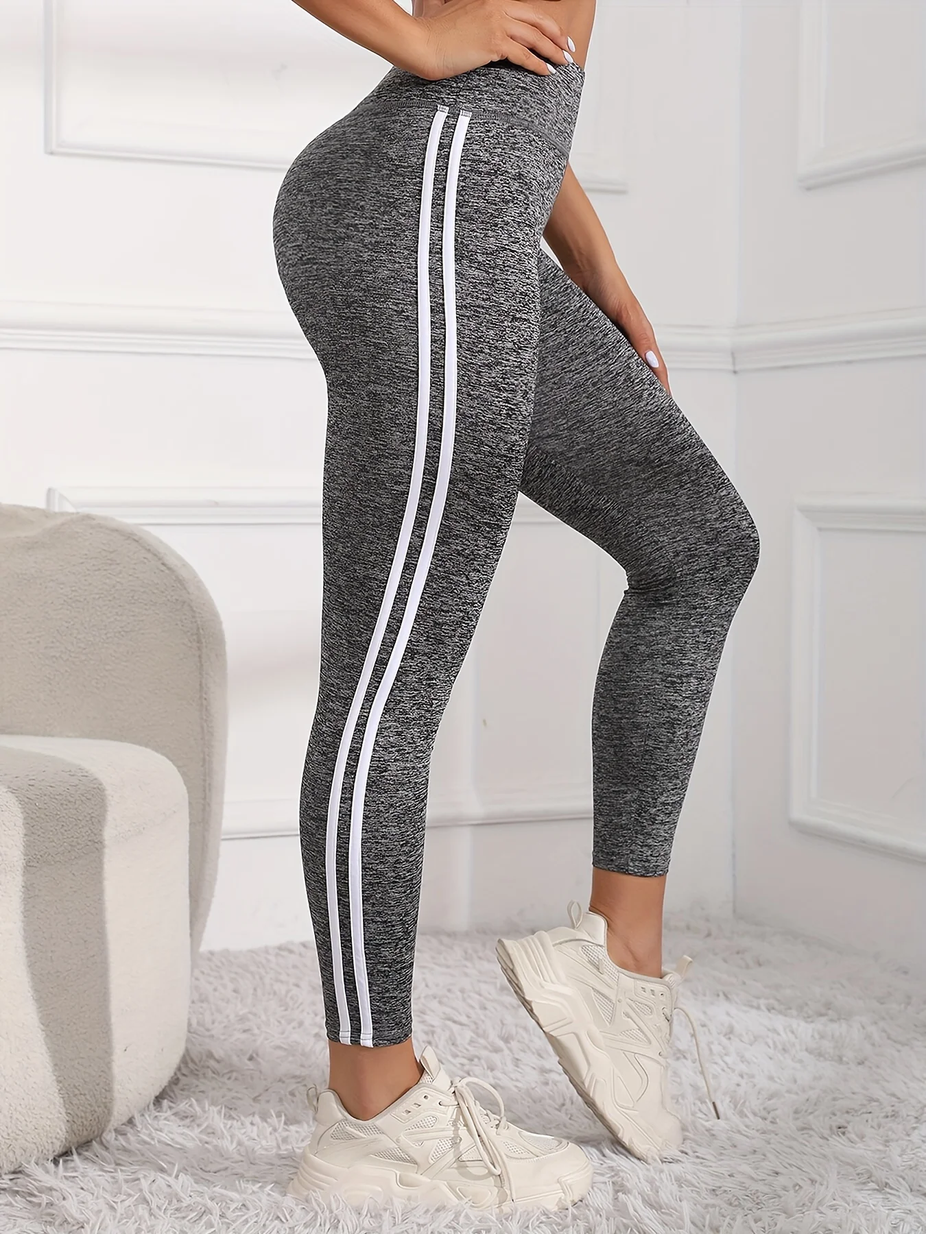 Women's Super Soft Leggings With White Striped, High Waist Stretch Workout Running Tight Pants